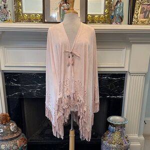 Pink Fringe Cut-out Ultra Suede Poncho with Tie Closure